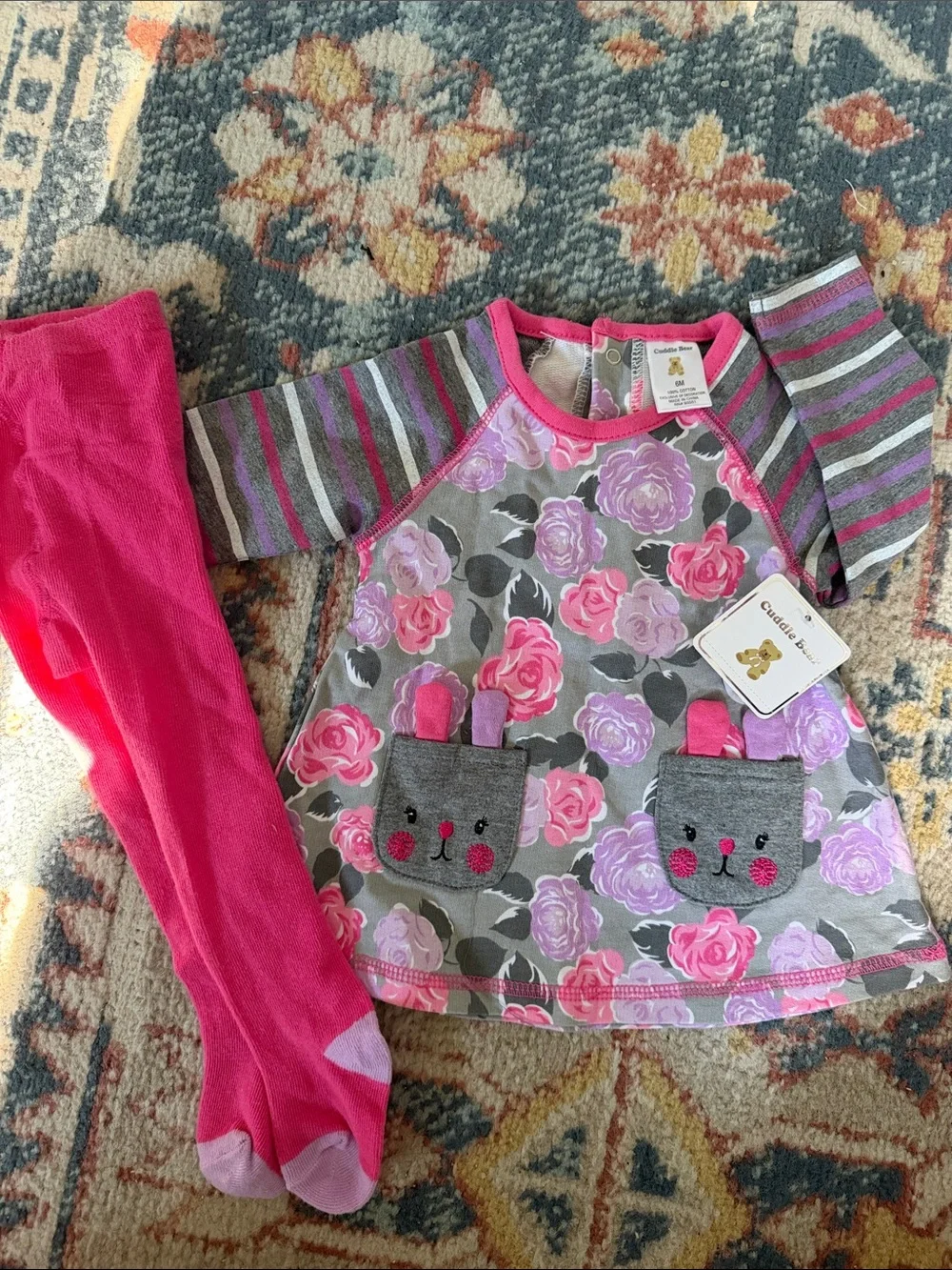 Cuddle Bear Gorgeous Cute 2pc cotton floral dress and hoisery, with BUNNY POCKET